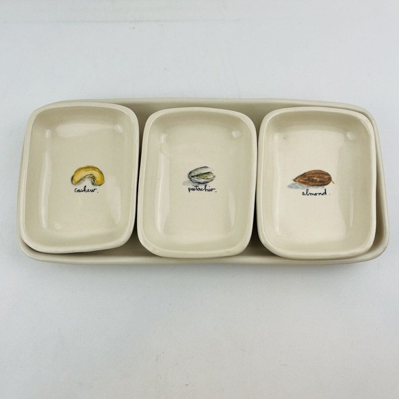 Rae Dunn Nut Dishes & Tray Serving Set of 4 Cashew Pistachio Almond Discontinued - Picture 2 of 9